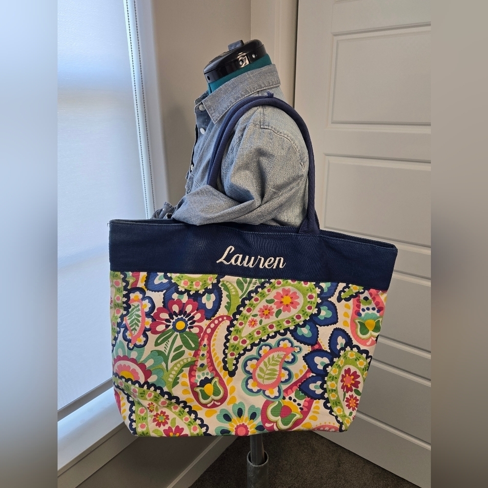PB TEEN POTTERY BARN LARGE COTTON TOTE BAG BLUE FLORAL MONOGRAM LAUREN WOMEN